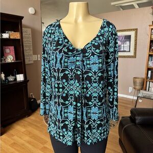 Evan-Picone blue, black & green long sleeve Vneck knit blouse-size L